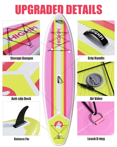 Highpi Inflatable Stand Up Paddle Board Premium SUP Accessories, Backpack, Wide Stance, Surf Control, Non-Slip Deck, Leash, Paddle and Pump