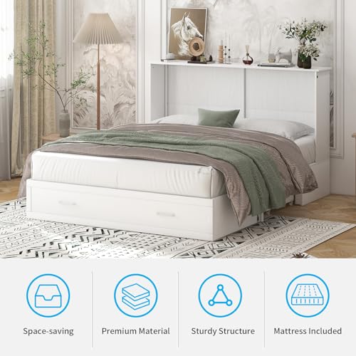 Mjkone Queen Size Cabinet Murphy Bed with Tri-Fold Mattress, Modern Multipurpose Wall Cabinet Chest Bed