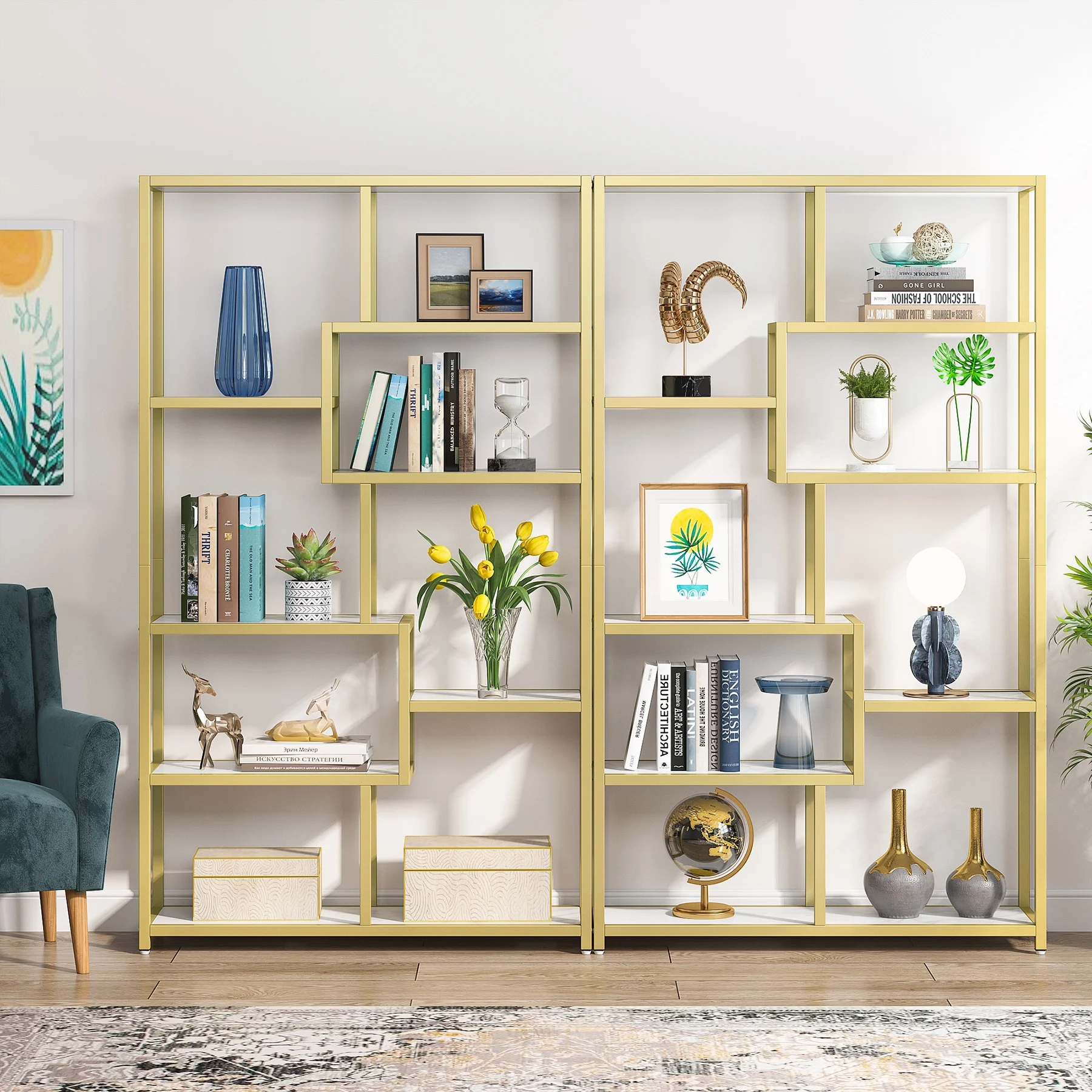 Tribesigns Modern Bookshelf, 8-Open Shelf Etagere Bookcase for Living Room, Home Office (White/Gold)