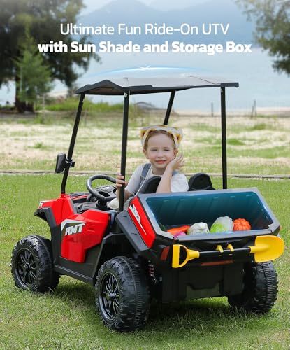 ELEMARA 24V Ride on Toy for Big Kid,Ride on Car 2 Seater w/Sun Shade,Dump Bed & Shovel,4.5MPH,4WD Electric Car for Kids,Battery Car w/Remote
