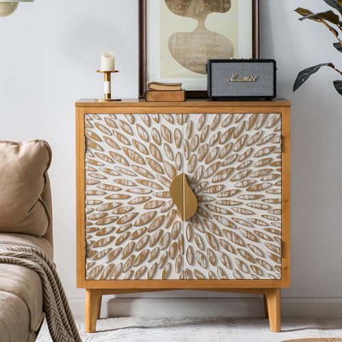 Farmhouse Sideboard with Leaf Design Doors, Decorative Storage Cabinet Freestanding Buffet Sideboard Credenza with Wood Legs for Living Room, Kitchen