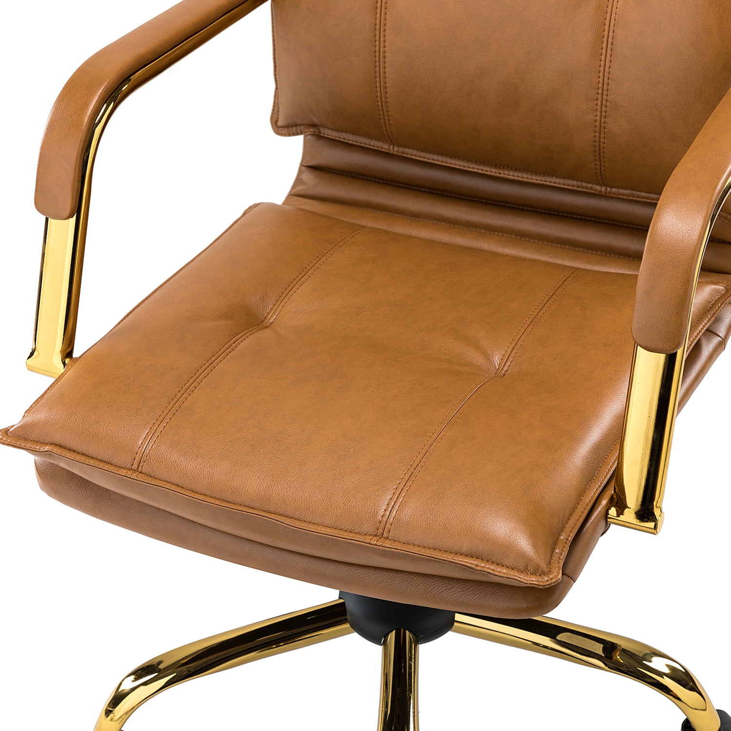 Modern Vegan Leather Home Office Task Chair with Tufted Mid Back  Armrest Swivel Adjustable Study Room Workstation Camel