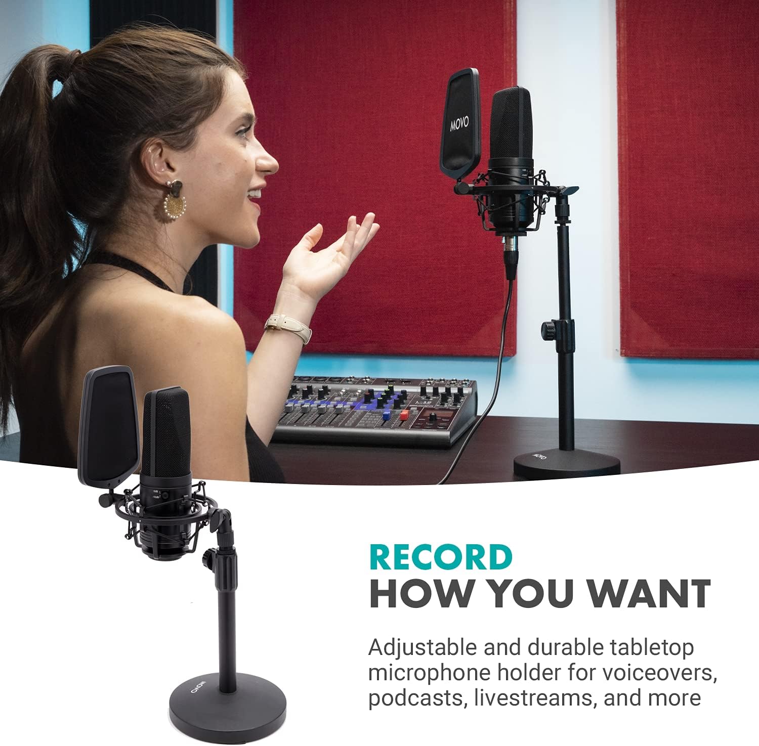 Movo Podcast Equipment Bundle with XLR Wired Microphone, 3.5mm/6.35mm Studio Headphones, and Desktop Mic Stand with Pop Filter