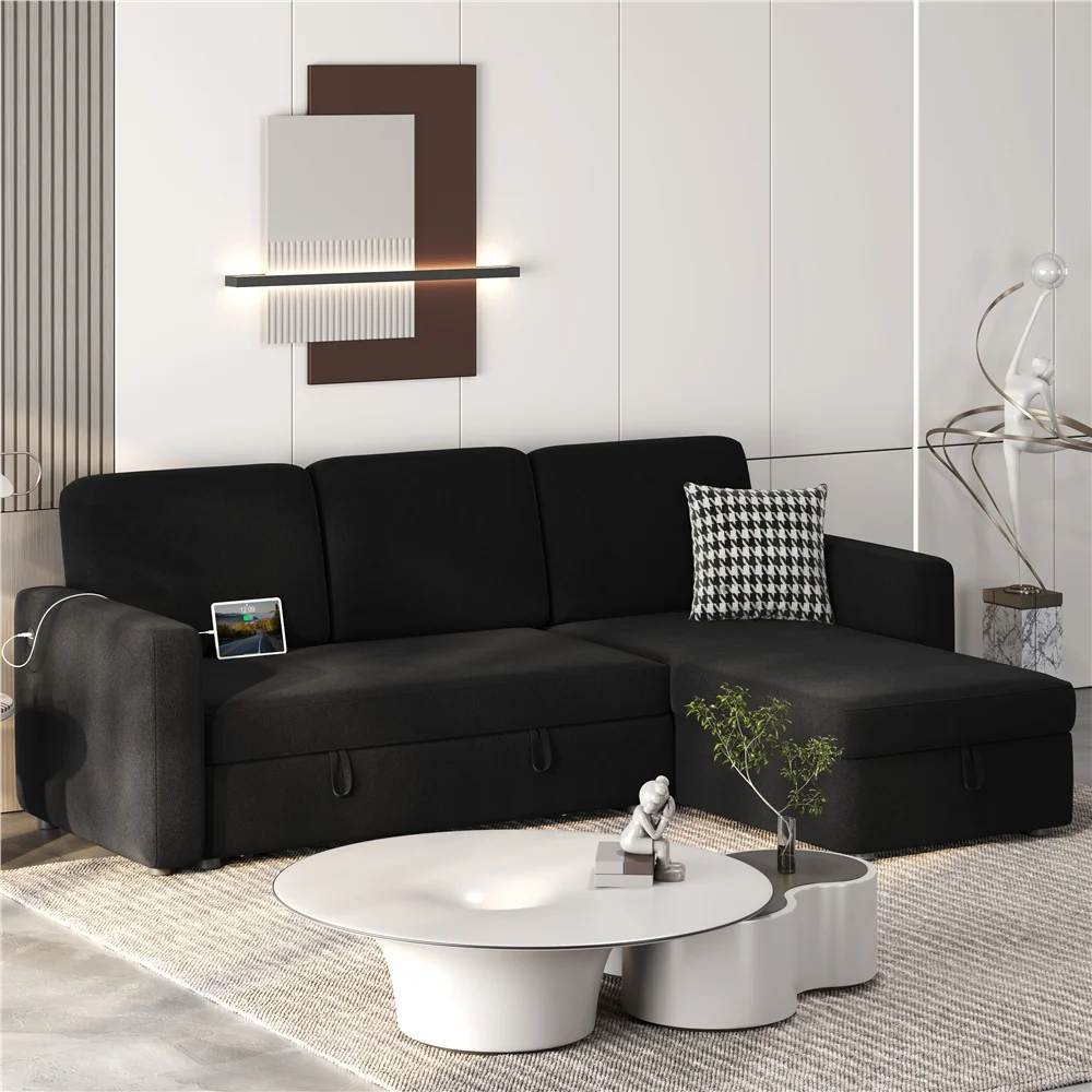 Alden Design Reversible Sectional Sleeper Sofa with USB & Type-C Ports, Light Gray
