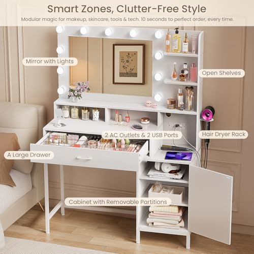 Vanity Desk with Mirror and Lights, Makeup Vanity with Storage Drawer, Power Outlet and Large Cabinet for Bedroom - White