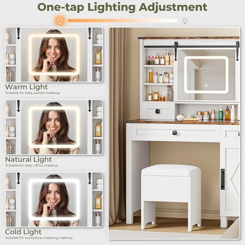 IRONCK Farmhouse Vanity Desk with Sliding Mirror & Lights, Glass Top Makeup Vanity Table with Power Outlet, 3 Color Lighting Modes