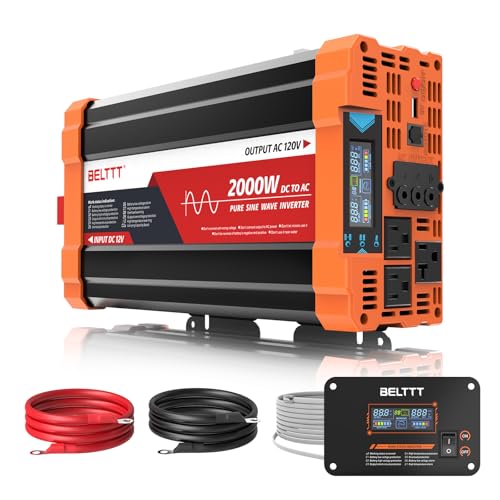 BELTTT 2000W Pure Sine Wave Inverter, Car Power Inverter 12V to 120V AC Converter for RV, Truck, Solar, Outdoor with Dual AC and 20A Socket