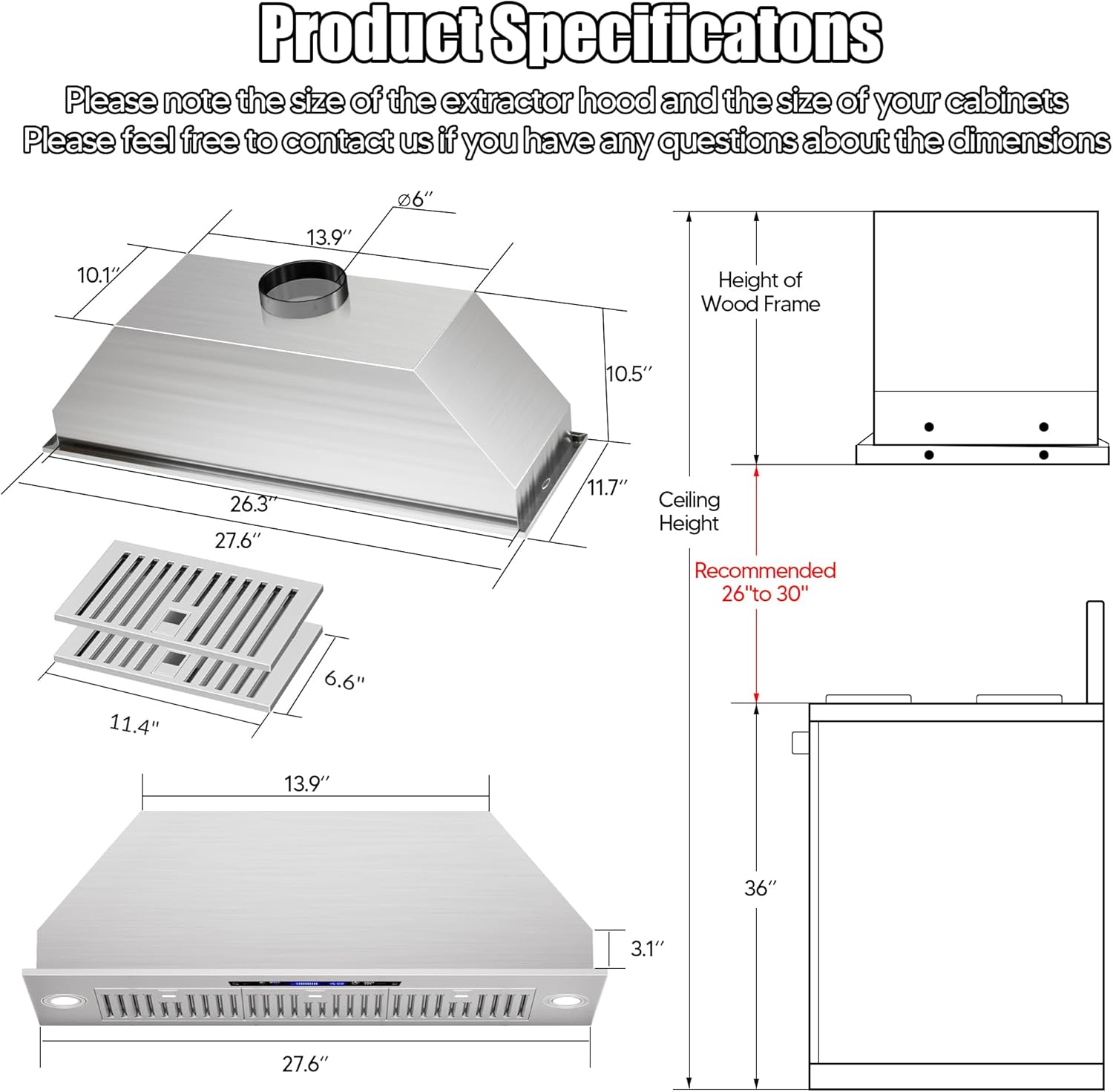 30 Inch Insert Range Hood,Stainless Steel Kitchen Stove Vent Hood,Ducted/Ductless Convertible Duct