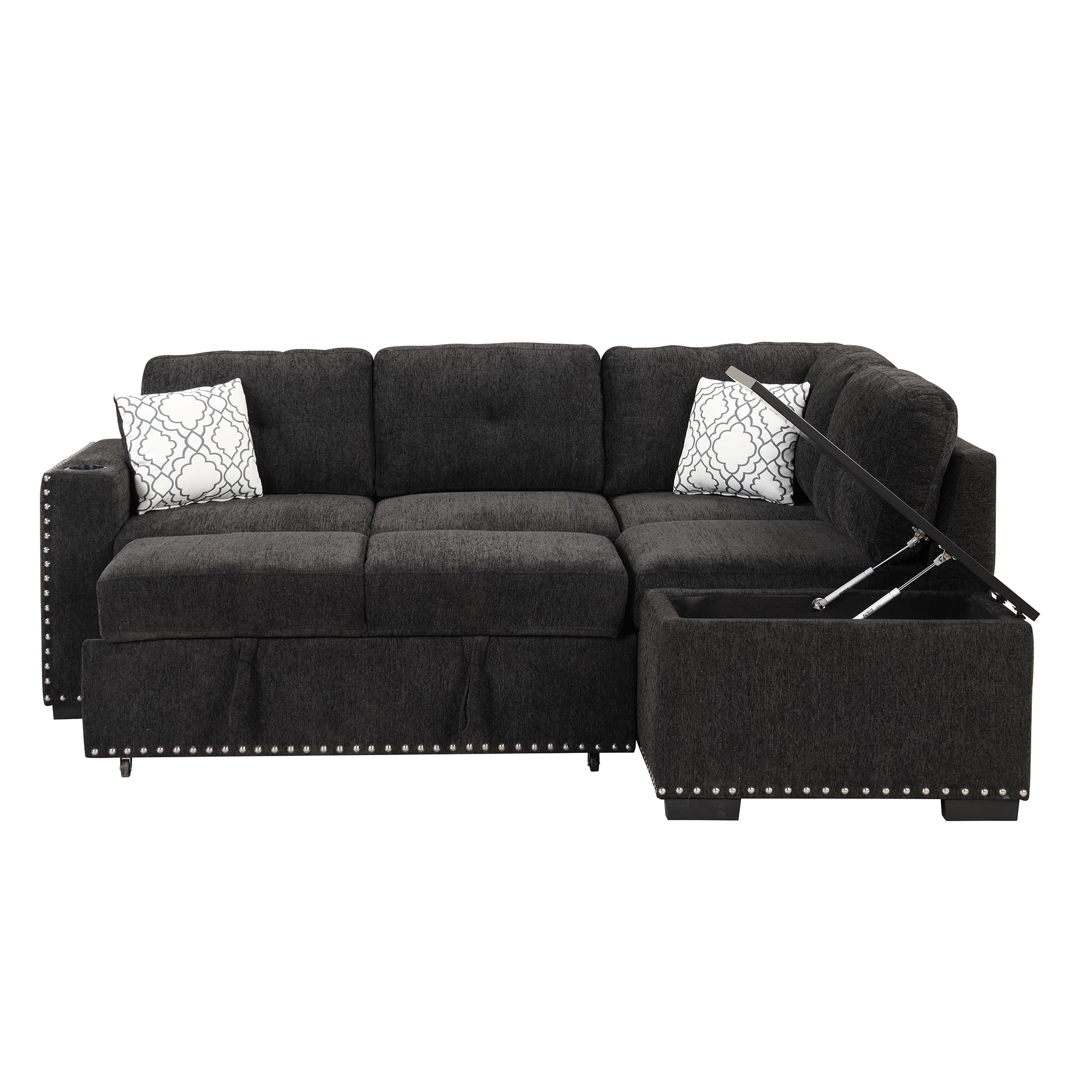 Reversible Sectional Pull-Out Sofa Bed L-Shaped Corner with Storage Chaise, Black
