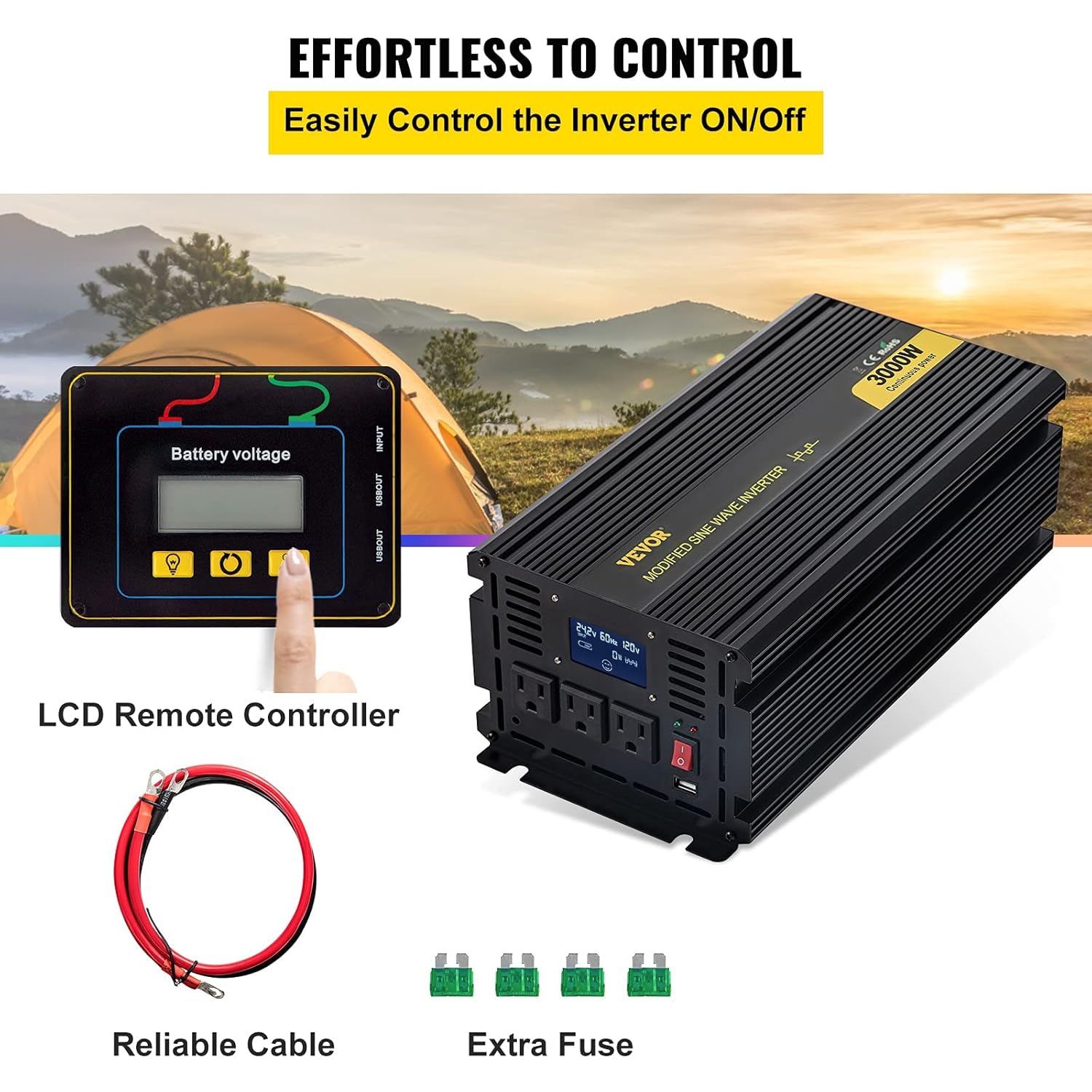 VEVOR Power Inverter, 3000W Modified Sine Wave Inverter, DC 24V to AC 120V Car Converter, with LCD Display, Remote Controller, LED Indicator