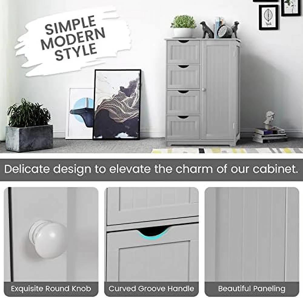 KHBIULIFE Bathroom Floor Cabinet  Side  Organizer Cabinet w/ 1 Cupboard and 4 Drawers  Wooden Free Standing  Cabinet w/Adjustable  in 3 Positions for