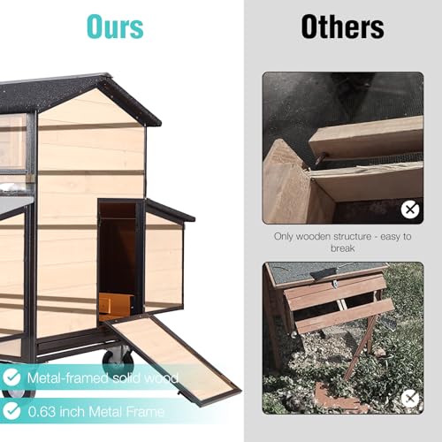 Large Chicken Coop for 3-6 Chickens,All-Steel Frame Hen House with Wheels,Nesting Box,Metal Run,Waterproof Rain Cover Duck Coop