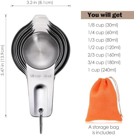 Measuring Cups, 7PCS Stainless Steel Measuring Cups with a Storage Bag for Cooking &amp; Baking, Dishwasher Safe