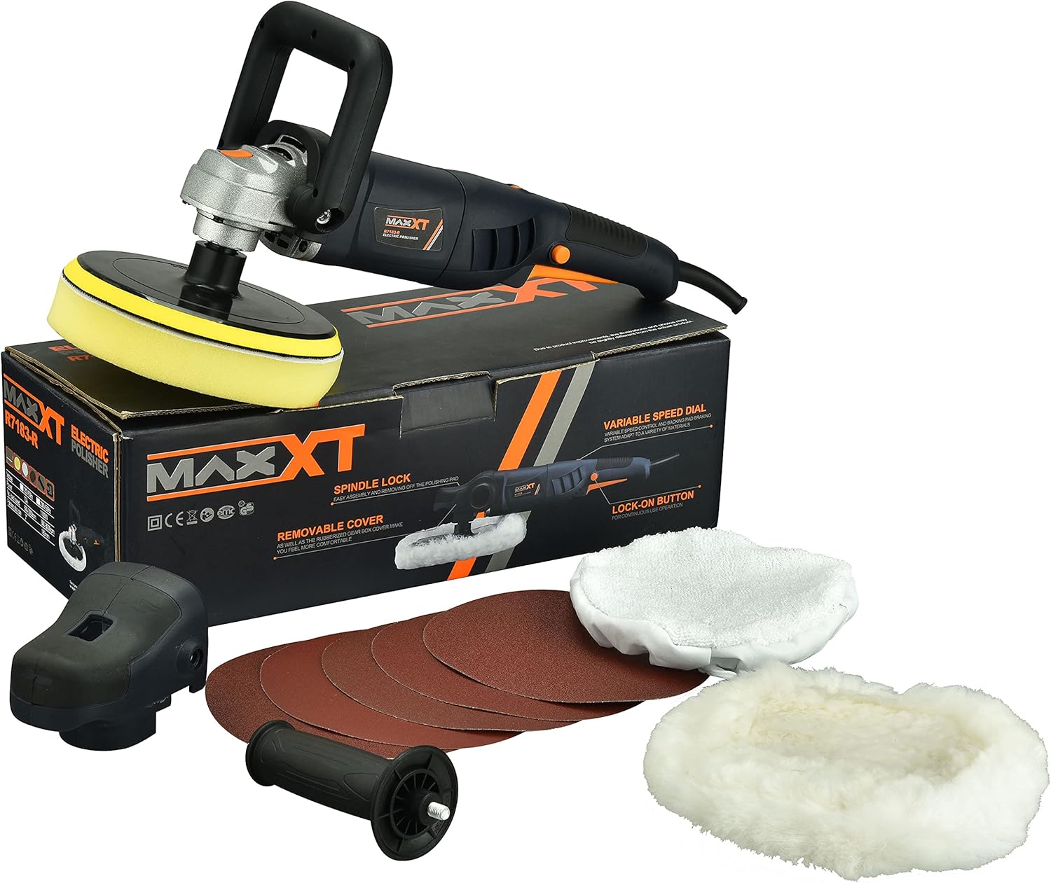 MAXXT Car Buffer Polisher Rotary Variable Speed Car Polishing Machine 7 Inch Car Detailing Kit with D and Side Handle, Woolen fleece hood