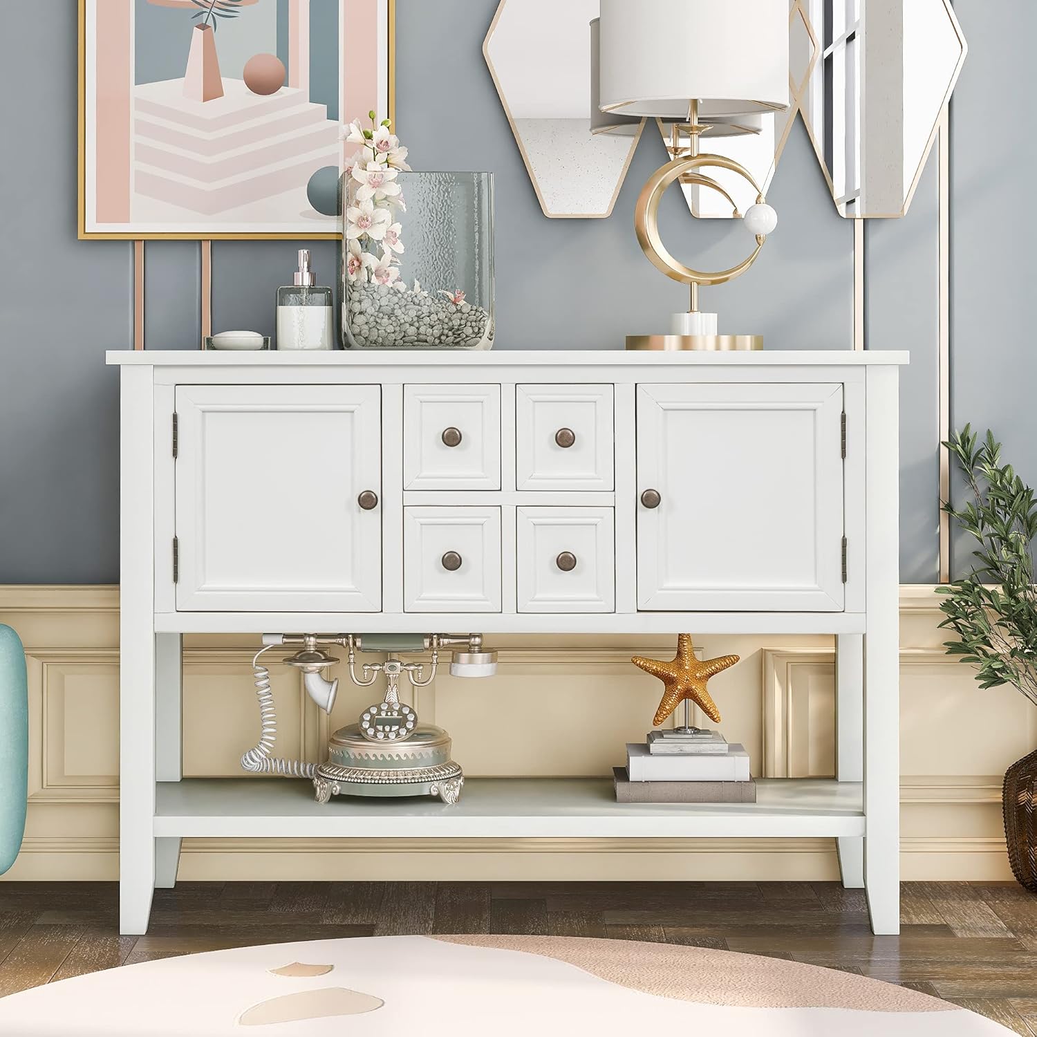 XD Designs Solid Wood Console Table Sofa Table 3 Drawers, 2 Cabinet 1 Shelf,Buffet Table