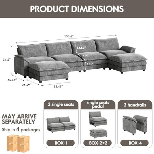Homall 119" Modular Sectional Sofa, L Shaped Sofa Couch with Reversible Ottoman, DIY Combination Chenille Deep 3-Seat Cloud Couch for Living Room