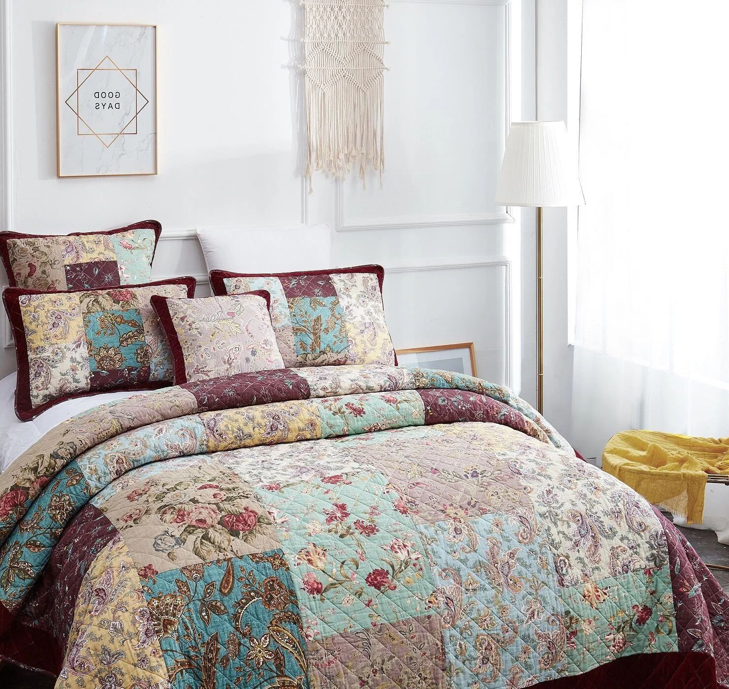 DaDa Bedding Bohemian Burgundy Red Velvet Trim Floral Paisley Patchwork Cotton Bedspread Set (JHW-868)