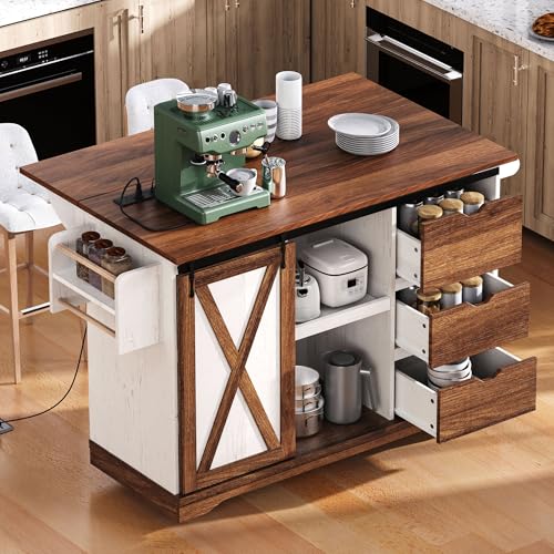 Farmhouse Kitchen Island with Power Outlet, Drop Leaf, Spice Rack and Drawer,Rolling Kitchen Cart on Wheels