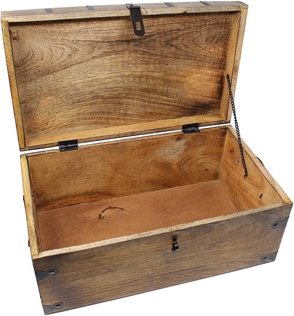 Nautical Cove Treasure Chest Wooden Box with Antique Iron Lock and Skeleton Key - Storage and Decor (Medium 12.25 x 6 x 5.5)