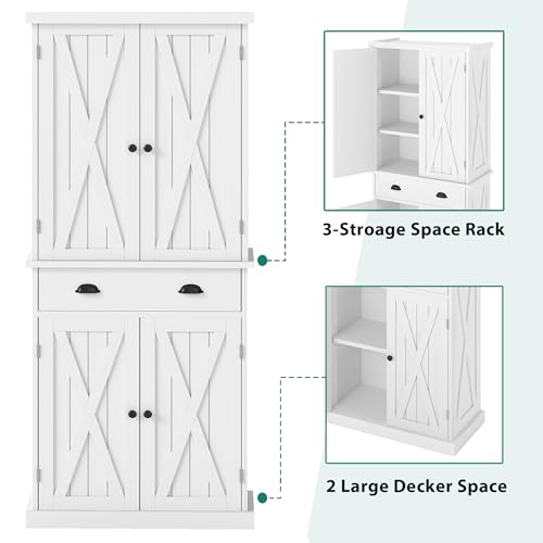 YITAHOME 72'' Tall Kitchen Pantry Cabinets, Farmhouse Storage Cabinets with Barn Doors, Drawer ＆ Adjustable Shelves