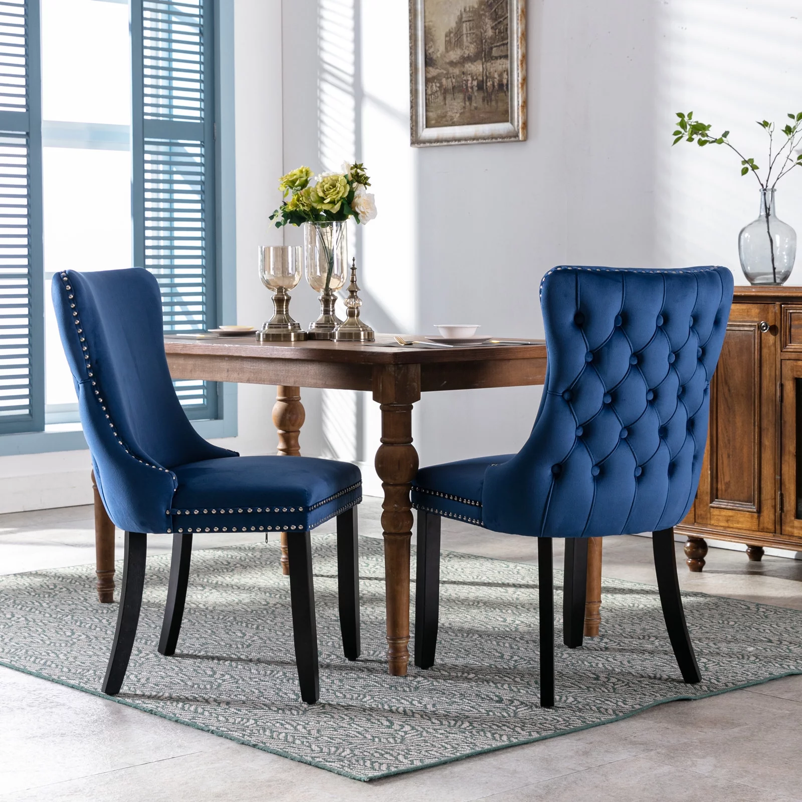 SYNGAR Velvet Dining Chairs Set of 2, Upholstered Wing Back Dining Chair with Handcrafted Button Tufted, Nailhead Trim