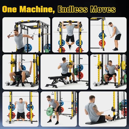 F4 Smith Machine, Power cage with Adjustable Cable Crossover System, All-in-One Squat Rack Training Equipment for Home Gym