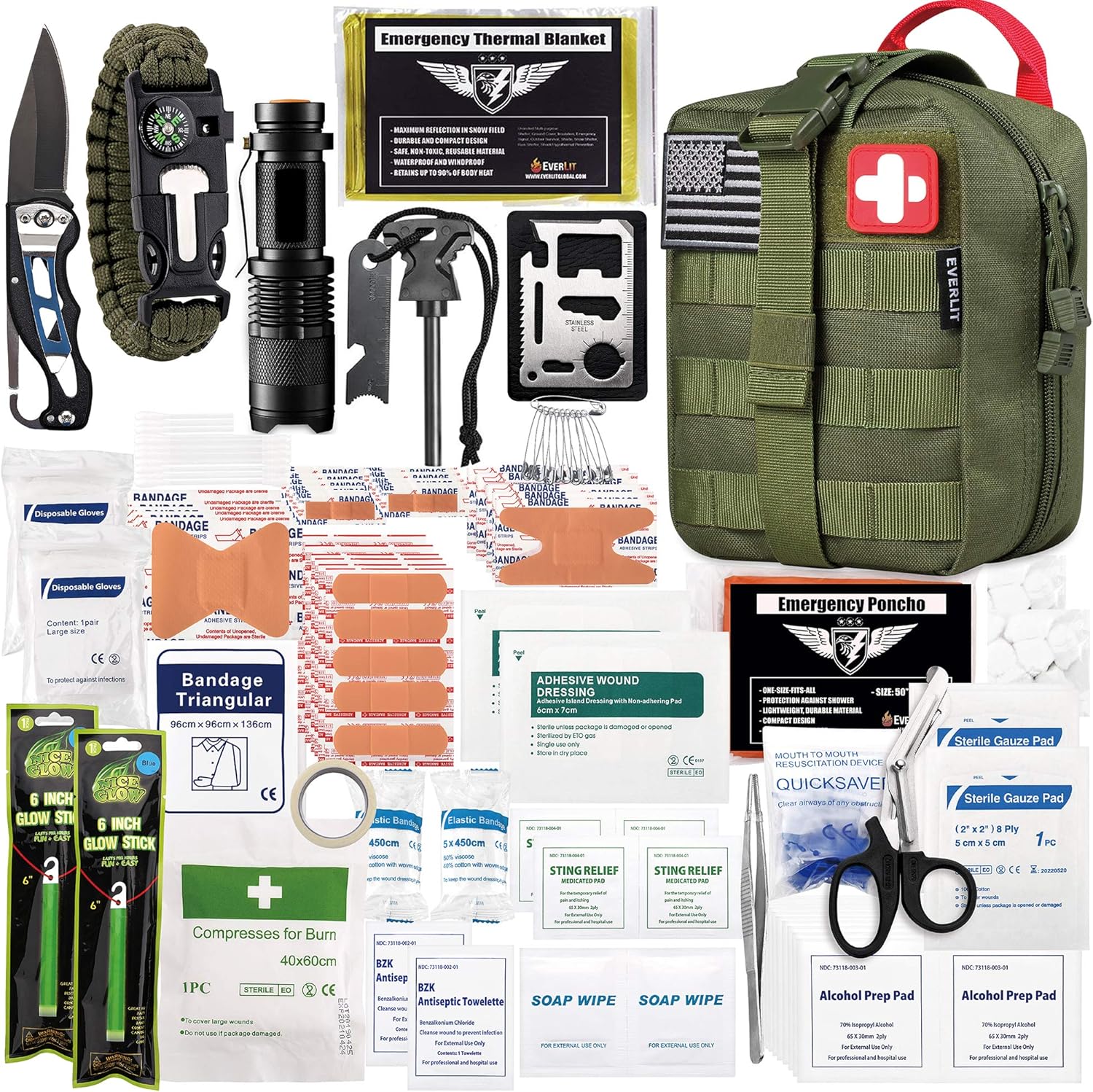EVERLIT 250 Pieces Survival First Aid Kit IFAK Molle System Compatible Outdoor Gear Emergency Kits Trauma Bag for Camping Boat Hunting Hiking Home