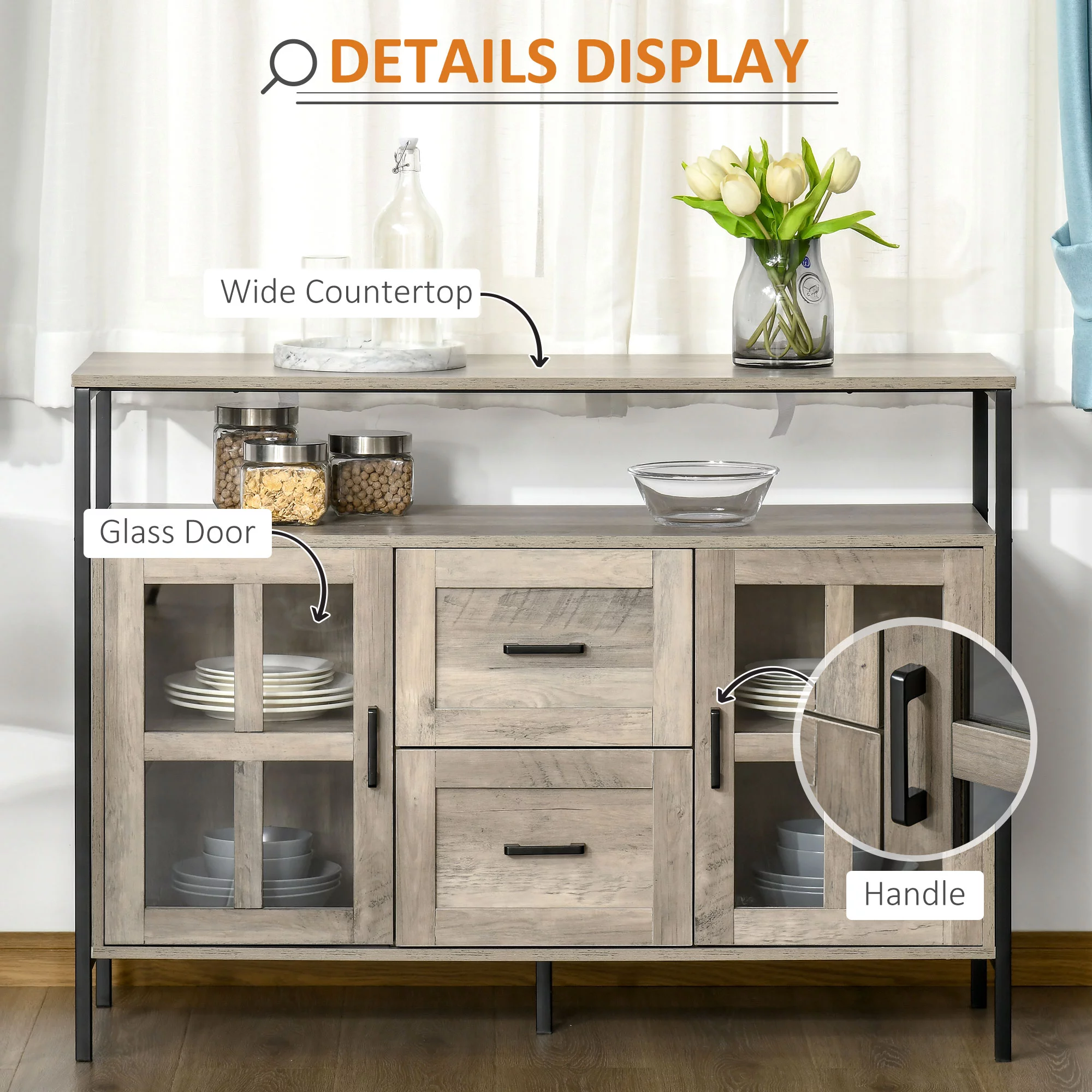 HOMCOM Industrial Sideboard Buffet Cabinet, Kitchen Cabinet, Coffee Bar Cabinet with Adjustable Shelves, Glass Doors, and 2 Drawers for Living Room