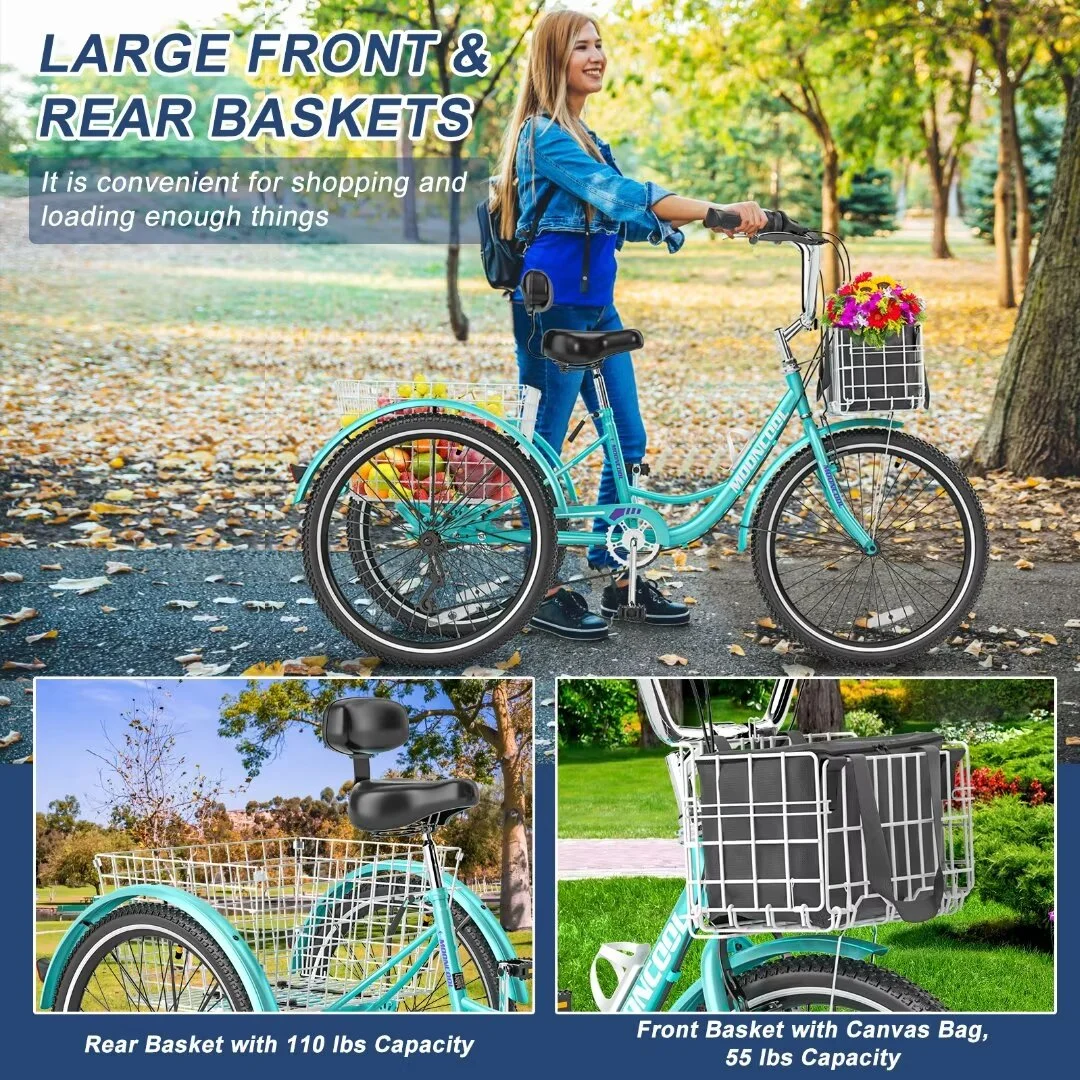 Docred Adult Tricycle 7 Speed 24 Inch Three Wheel Bike Cruiser Trike for Men/Women/Seniors