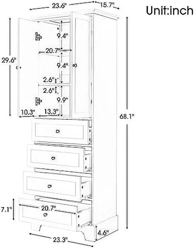 RUNFAYBIU Four Door  Cabinets with LED Light  White  Cabinet with Open  Home Office Display Cabinet with Transparent Acrylic Doors  Freestanding