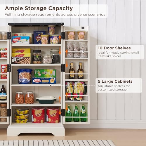 72" Tall Kitchen Pantry, Farmhouse Storage Cabinet with Barn Doors, Organizer, Drawer and Adjustable Shelves, Rustic Wood Cupboard for Kitchen