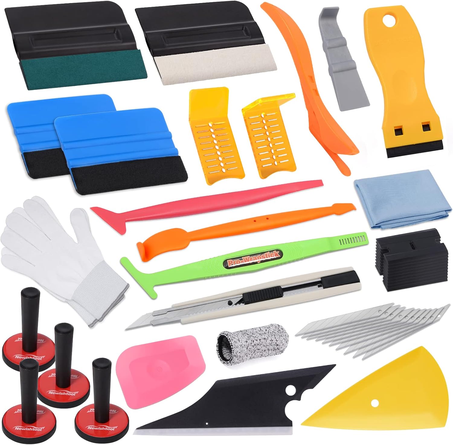 Pro Vinyl Wraps Applicator Tool Kit Window Tint Film Car Wrapping Tools Includes Felt Squeegees, Plastic Scraper, Wrap Knife and Blades