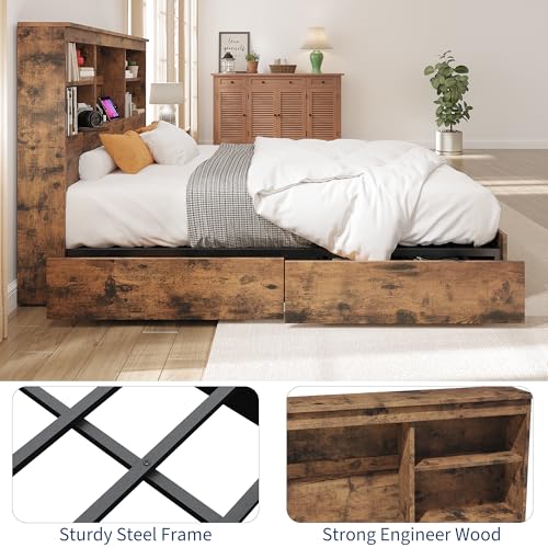 GarveeHome Full Size Bed Frame with High Storage Bookcase Headboard, Wood Bed Frame with 4 Storage Drawers, Built in Charging Station