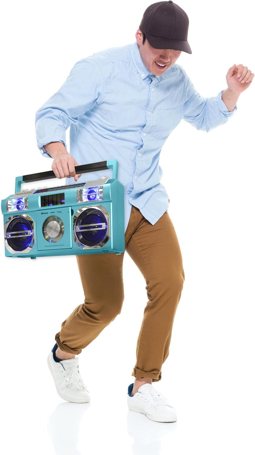 Studebaker Vintage Aqua Turquoise 80's Retro Street Bluetooth Wireless Streaming Boombox Rechargeable Battery, CD/MP3 Player, AM/FM, USB