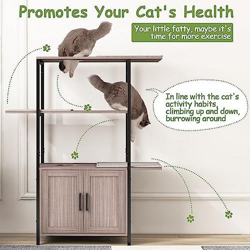 TOLEAD Cat Tree with Litter Box Enclosure, Modern Cat Litter Box Furniture Hidden with Cabinet for Large Cats, Metal Frame 3-Tier Cat Tower