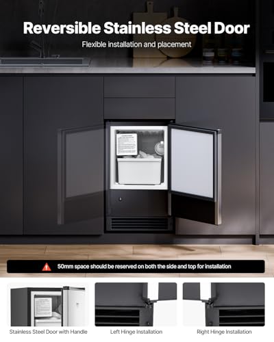 VEVOR Under Counter Ice Maker Machine, Crescent Ice, 25 Lbs/Day Stainless Steel Built in Ice Maker with Reversible Door