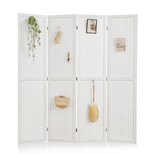 Room Divider Freestanding Folding Pegboard Privacy Screen | 4-Panel Display Stand for Jewelry, Craft Shows, Retail | Natural Wood