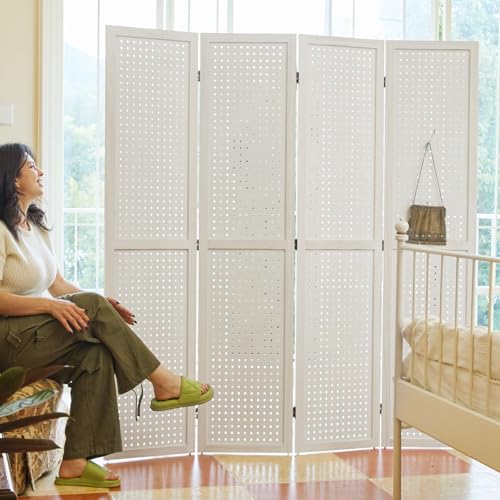 Pegboard Display, 5.6Ft Wooden Room Divider Folding Privacy Screens Portable Freestanding Wall Organizer for Retail Craft Art Display Board (4panels