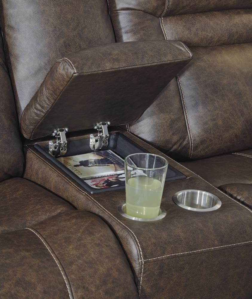 Signature Design by Ashley Wurstrow Leather Adjustable Dual Sided Power Reclining Loveseat with Console & USB Charging, Brown
