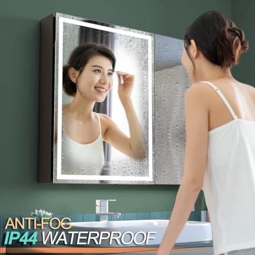 20 x 28 Inch LED Lighted Bathroom Medicine Cabinet with Sockets & USBs, Defogger, Dimmable, 3 Color Light Makeup Mirror, Easy to Install