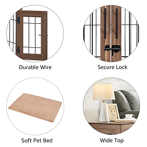 beeNbkks Furniture Style Dog Crate End Table, Double Doors Wooden Wire Dog Kennel with Pet Bed, Decorative Pet Crate Dog House Indoor Medium Large