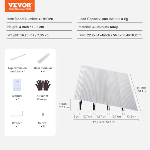 VEVOR Door Threshold Ramp, 6" Rise Door Ramp for Wheelchairs, Aluminum Threshold Ramp for Doorways Rated 800 lbs Load Capacity
