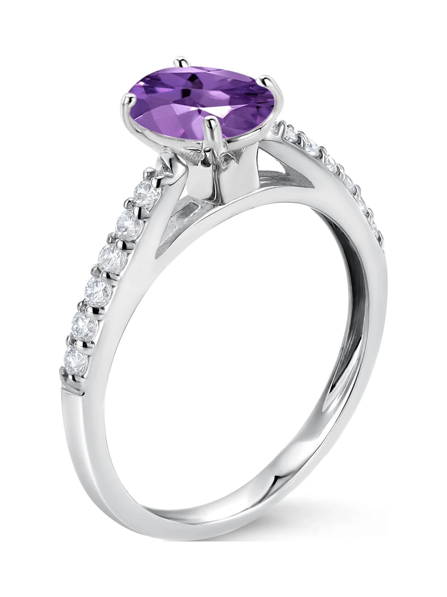 Gem Stone King 10K White Gold Purple Amethyst and White Lab Grown Diamond Engagement Ring For Women (1.33 Cttw, Oval 8X6MM