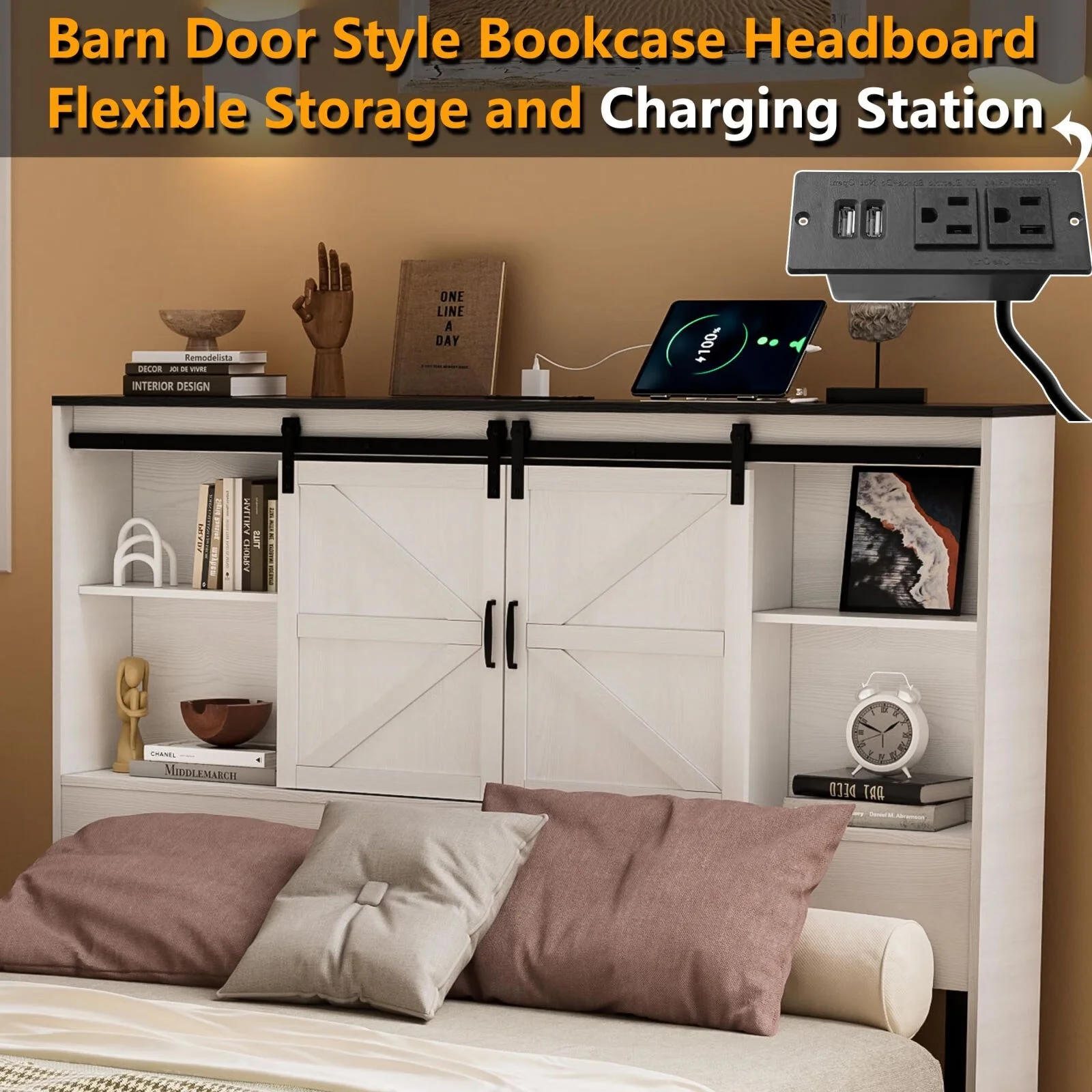 PAKASEPT Farmhouse Queen Size Wooden Platform Bed Frame with Bookcase Headboard Storage, Charging Station, and Sliding Barn Door, No Box Spring Needed