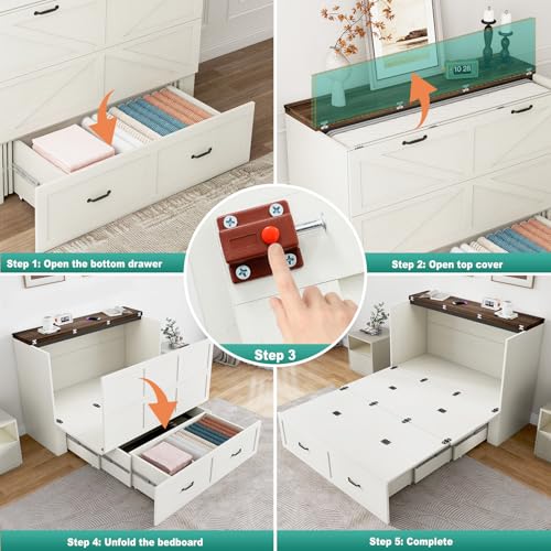 Full Size Murphy Chest Bed with Drawer and Charging Station, Farmhouse Wood Space-Saving Hidden Folding Bed Chest