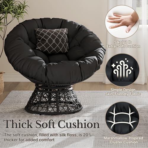Yaheetech Indoor Papasan Chairs with Thick Tufted Cushions and Frame, Swivel Wicker Ergonomic Lounge Reading Chairs for Living Room/Bedroom, Black