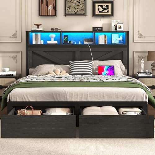 Farmhouse Full Bed Frame with Bookcase Storage Headboard, Charging Station, LED Light and 2 Storage Drawers, Noise Free, No Box Spring Needed, Brown