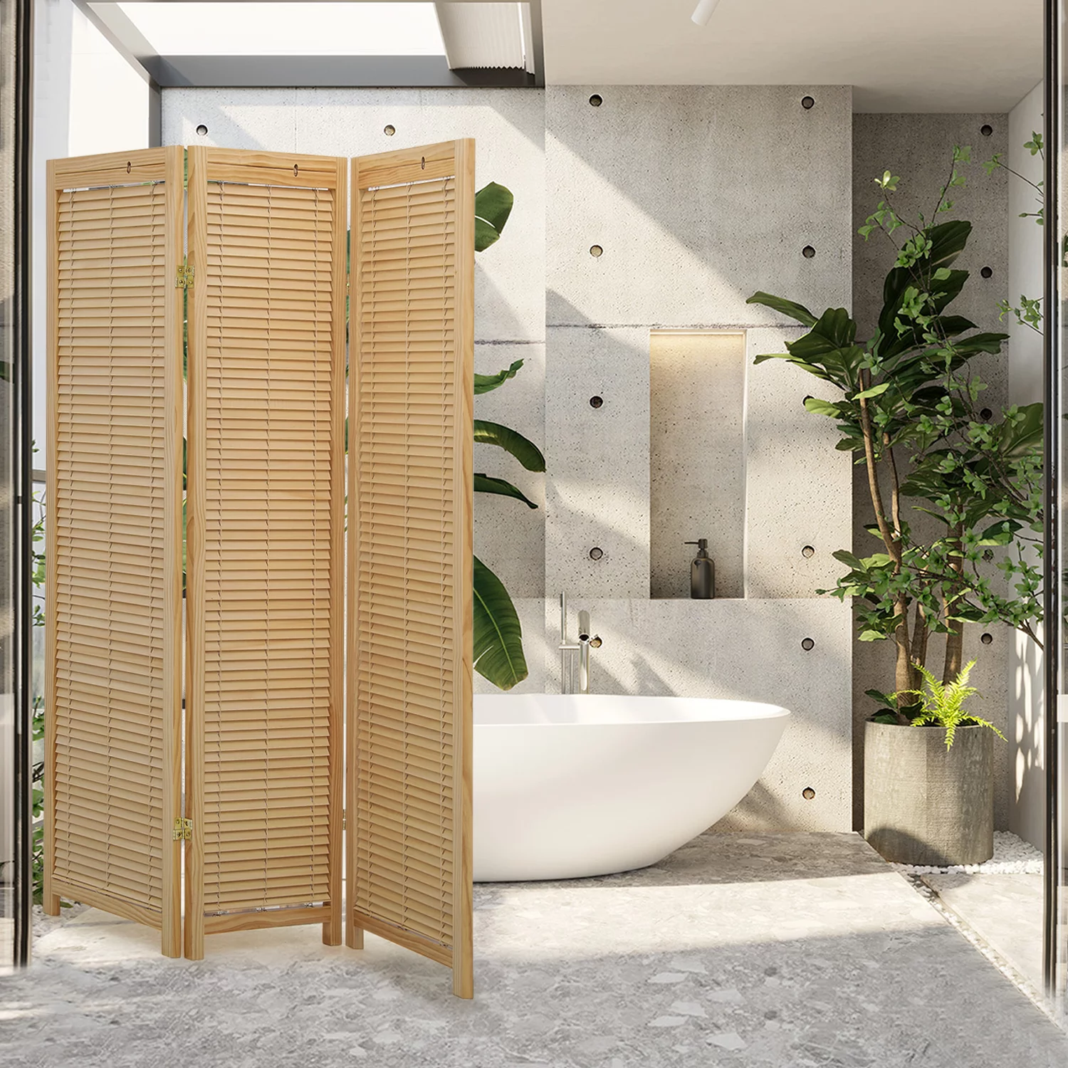 Magshion 5.6 ft Foldable Room Divider, 3 Panel Adjustable Shutter, Wood Portable Privacy Screen for Bedroom Office, Natural