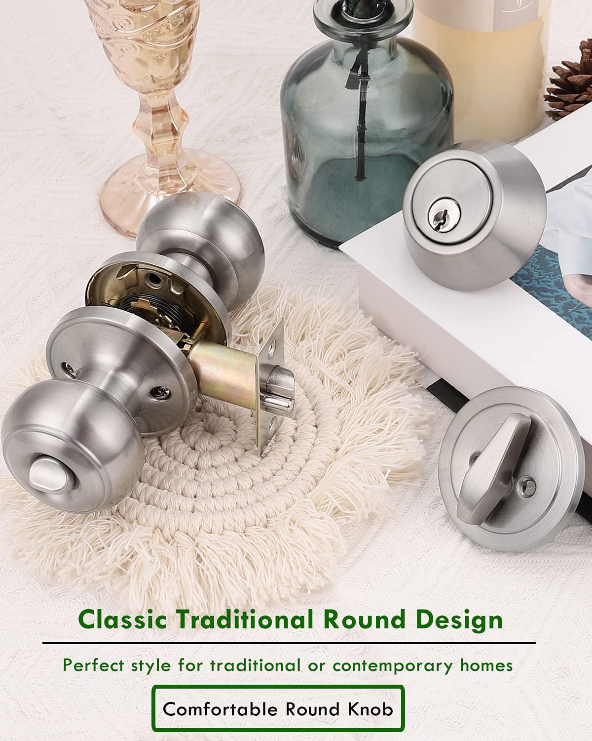 4 Pack Entry Door Knob and Single Cylinder Deadbolt Combo Pack in Satin Nickel, Keyed Alike Exterior Door Lock Set with Deadbolt