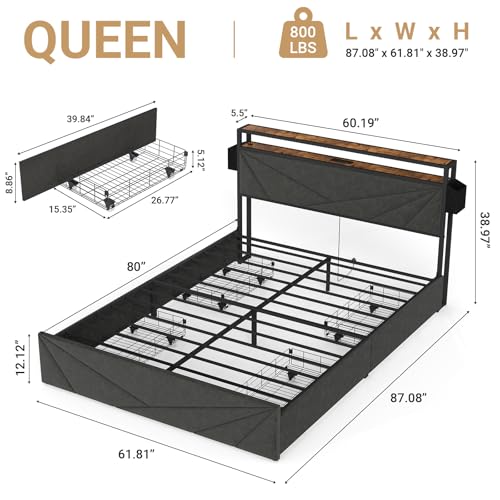 Full Size Bed Frame with Headboard, LED Platform Bed with 4 Storage Drawers, Built in Charging Station, Noise-Free, Metal Support Base